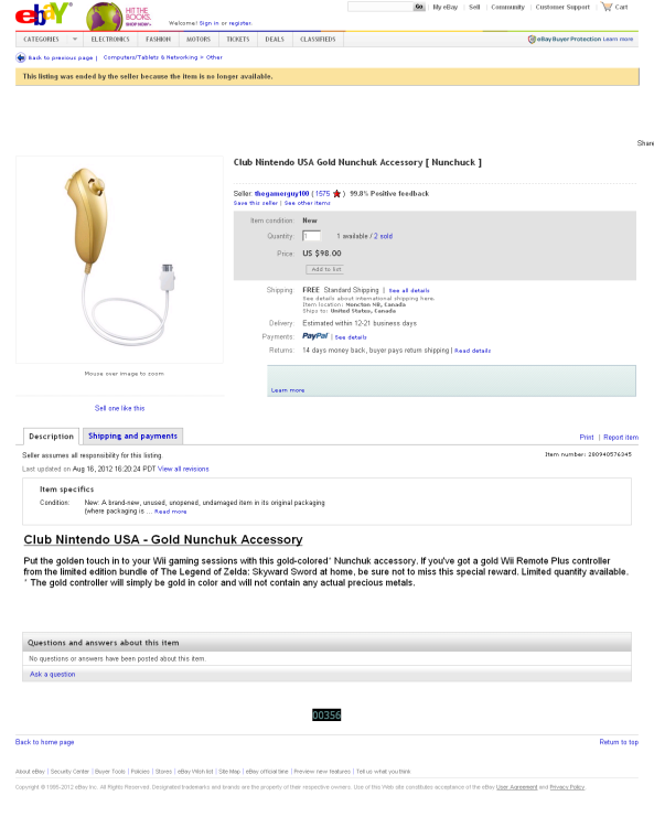 Club Nintendo Gold Nunchuk eBay screenshot